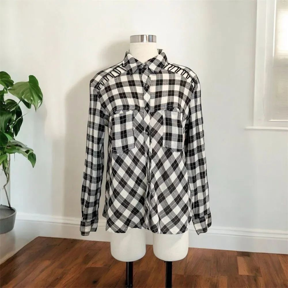 Free People Black White Plaid Checkered Top Blouse Tunic Small Button Down